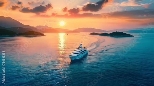 Modern cruise ship sailing the sea with sunset view