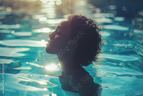A tranquil underwater portrait capturing a person's profile with air bubbles ascending around them, bathed in the sun's rays filtering through clear blue water