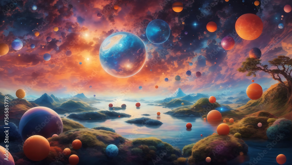 Journey through a Celestial Realm Graceful Floating Spheres in a Cosmic Tapestry