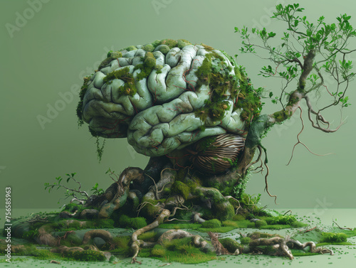 A concept art that express getting old a with a human brain made of green mold and green moss, a tree branch with moss as a spinal cord, with roots on a green background