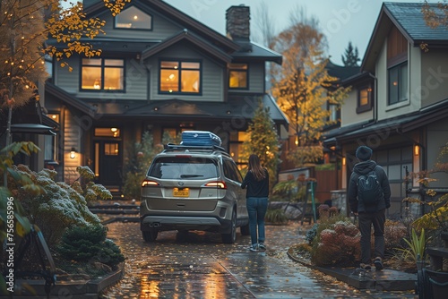 A family arriving home during twilight with their car parked outside a suburban house