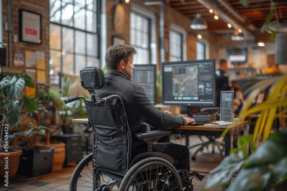Obraz premium A diligent professional in a wheelchair tackles tasks at a spacious office desk, reflecting accessibility and inclusivity