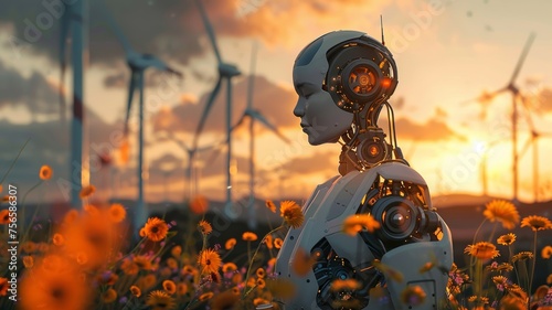 Robot in contemplation at sunset surrounded by wind turbines, merging technology with nature