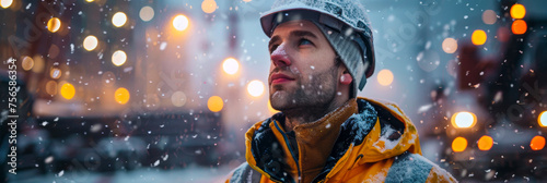 A man is seen wearing a bright yellow hat and jacket while standing in the snow. He appears focused on a task or direction. The snowy background adds to the cold and wintery atmosphere