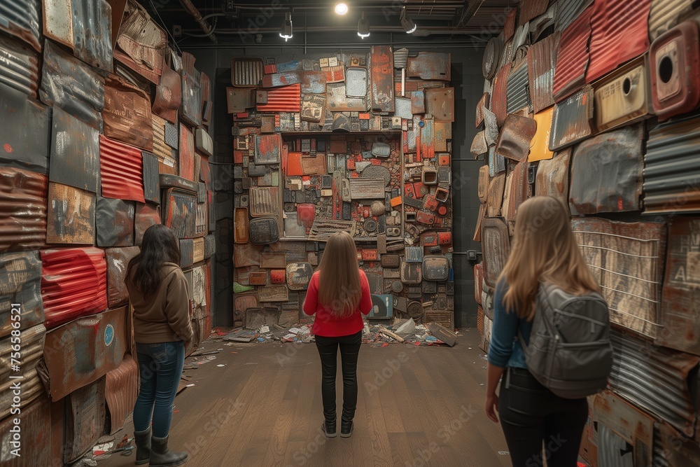 Obraz premium Visitors viewing a colorful mixed media art installation with vibrant textured wall pieces