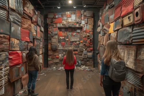 Visitors viewing a colorful mixed media art installation with vibrant textured wall pieces