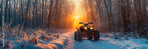 A yellow four-wheeler navigates through the snowy terrain, leaving tracks behind in the white powdery snow.