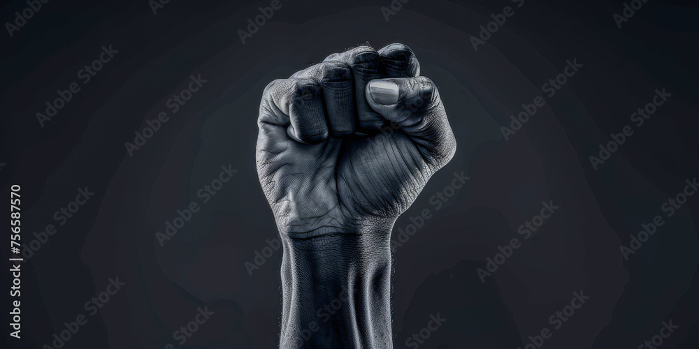 This black and white photo captures a powerful fist clenched tightly. The contrast between light and dark highlights the strength and determination conveyed by the clenched hand This black and white photo captures a powerful fist clenched tightly. The contrast between light and dark highlights the strength and determination conveyed by the clenched hand