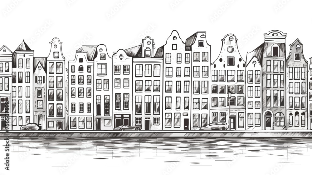 Beautiful houses in Amsterdam painted in sketch styl