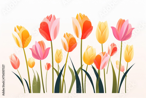 Colorful Spring Floral Garden: A Vibrant Bouquet of Pink, Yellow, and Red Tulips Blooming in a Lush Green Nature Background.
