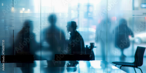 A high key, overexposed photograph of a workplace setting, showing the silhouettes of professionals in a state of blur photo