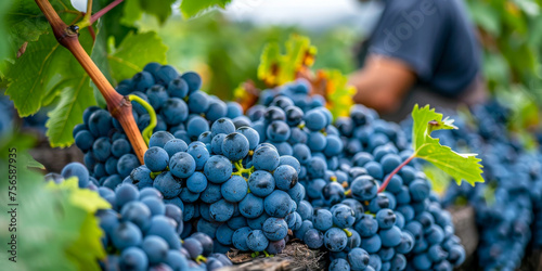 A man is seen picking ripe grapes from the vine in a vineyard. The clusters of dark grapes are being carefully examined and harvested by the vintner