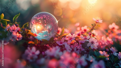 Glimmering globe amidst blossoms envisions a world flourishing in harmony photo