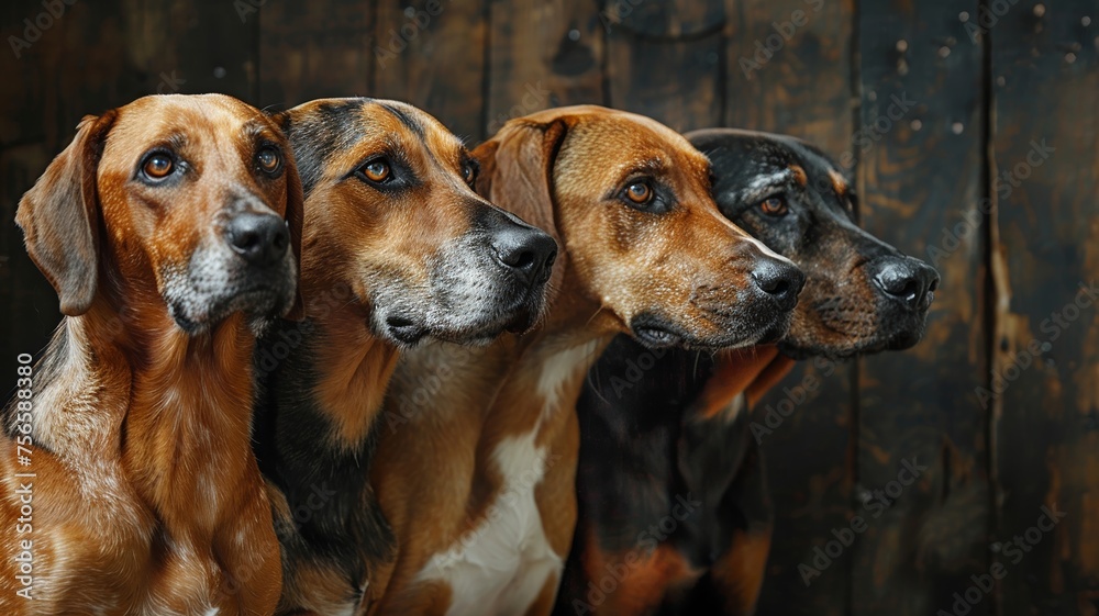 Portrait of attentive hounds with profound expressions and warm tones
