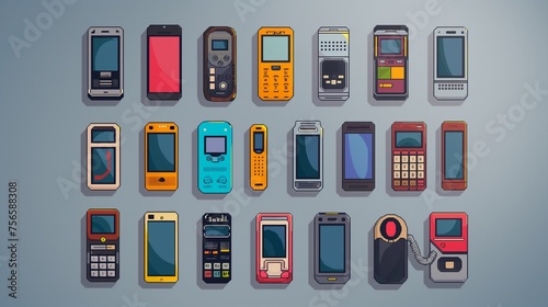 (21) A set of retro-style pixel mobile device icons in vibrant colors, ready for use in various applications.