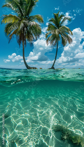 a tropical island with palm trees in the turquoise waters of the ocean.