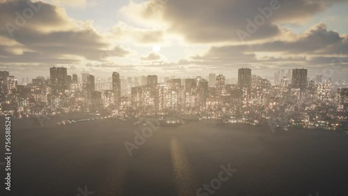 Cove of the city of the future. Technological city with huge density on the background of the sunset.