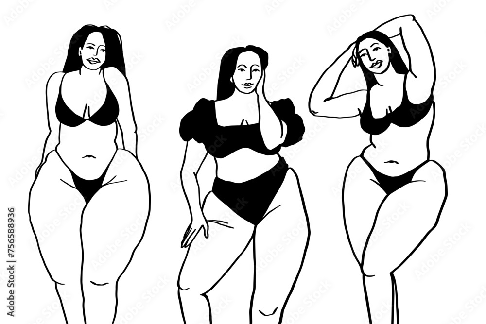 Curvy Nude Women Body Line Art Drawing. Female Figure Minimalist