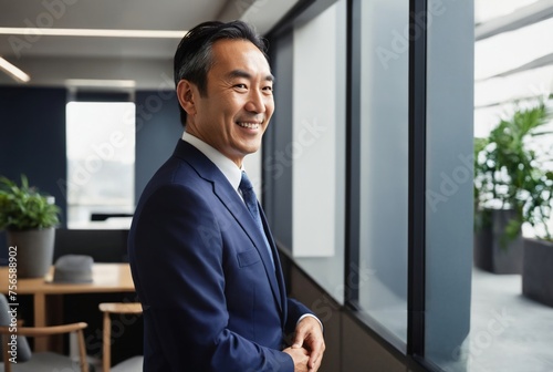 Smiling, confident middle-aged Asian businessman portrait inside a modern office