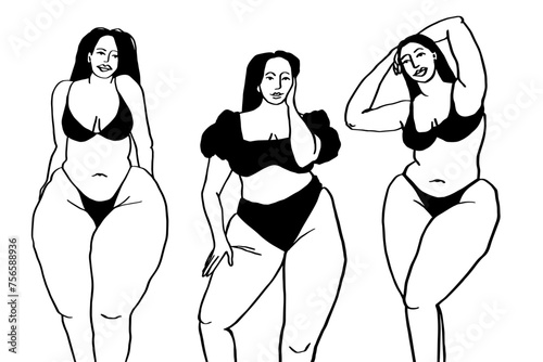 Curvy Nude Women Body Line Art Drawing. Female Figure Minimalist Illustration. Modern Trendy Line Art Drawing for Wall Decor, Fashion Minimal Print, Poster, Social Media. Beauty Logo. Vector EPS