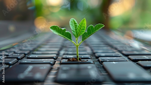 Sprouting plant on a laptop keyboard symbolizing growth and technology