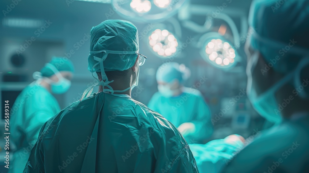 Focused Surgeon in Operating Room, surgeon in scrubs is captured from behind, looking towards a team performing surgery in a brightly lit operating room, epitomizing precision and focus Focused Surgeon in Operating Room, surgeon in scrubs is captured from behind, looking towards a team performing surgery in a brightly lit operating room, epitomizing precision and focus