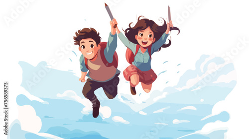 Boy and girl flying on a pencil flat vector isolated