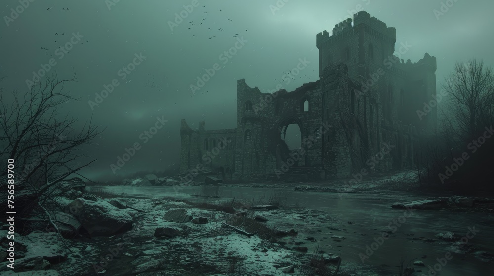 Winter's Tale: Abandoned Castle Ruins, hauntingly beautiful scene of abandoned castle ruins amidst a gloomy winter landscape, with a frozen river leading the eye towards the brooding architecture