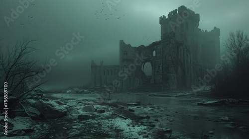 Winter's Tale: Abandoned Castle Ruins, hauntingly beautiful scene of abandoned castle ruins amidst a gloomy winter landscape, with a frozen river leading the eye towards the brooding architecture