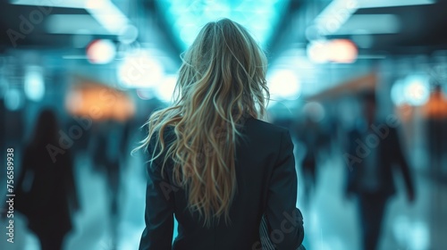 Hurry in the Hub: Rush Hour Focus, determined businesswoman strides through a bustling transit hub, her golden locks trailing behind as she navigates the morning rush