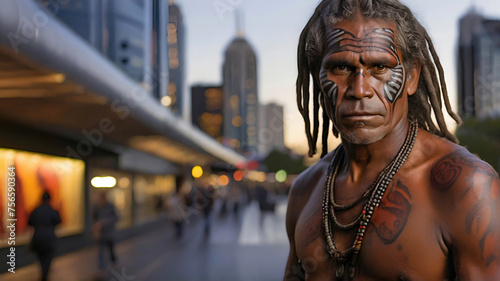 Portrait of an Australian Aboriginal man at city street in present time. Adaptation of ancient man in modern society