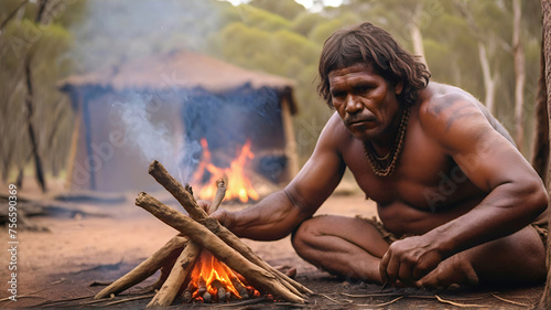 Australian aboriginal man near the fire photo