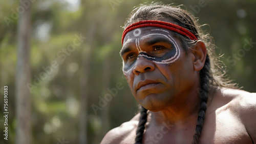 Portrait of an Australian Aboriginal man in traditional paint in outback