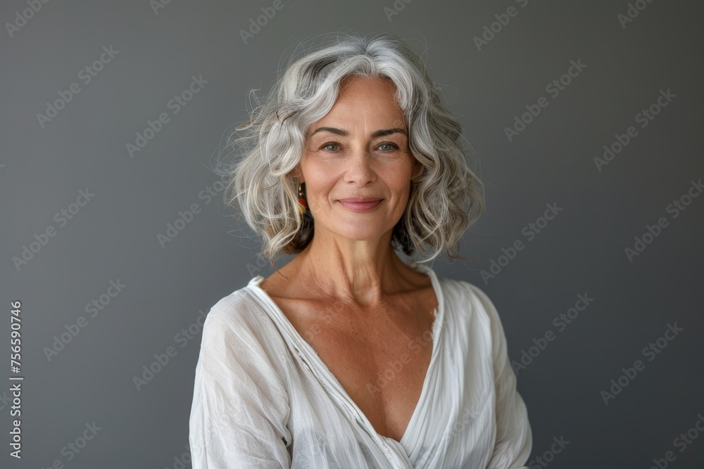 Elegant older woman in a white blouse posing for a portrait