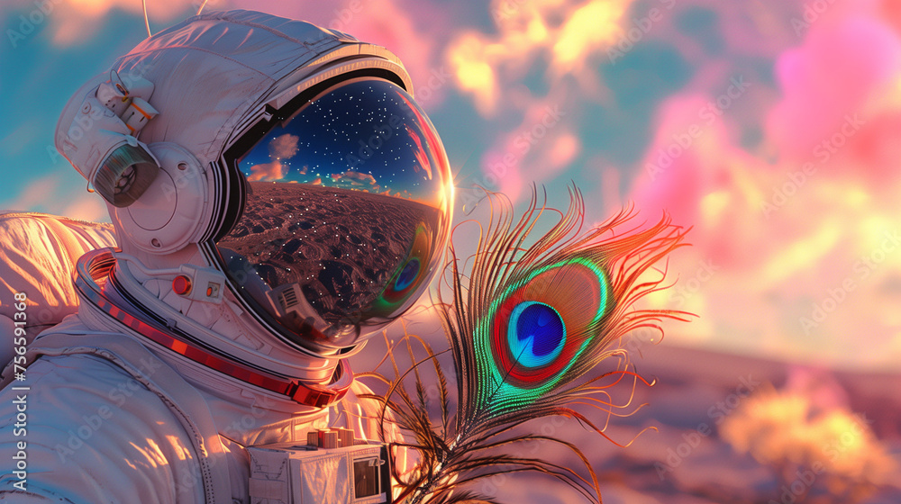 Astronaut and peacock feather, minimal concept
