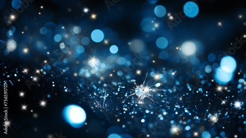 Abstract blue bokeh stars holiday celebration postcard background with copyspace