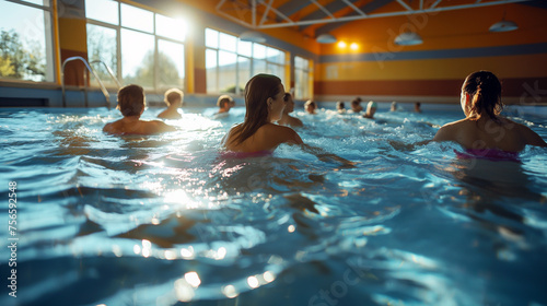 Active mature women enjoying aqua gym class in a pool, healthy retired lifestyle with seniors doing aqua fit sport © Karol