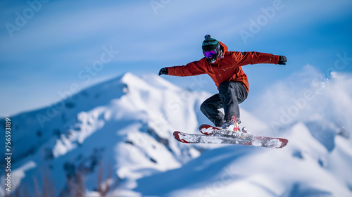 Snowboarder Performing a Jump Against a Clear Blue Sky on Mountain Slopes
