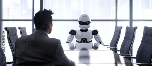 A Robot in an office meeting room with a man. Future AI concept. 