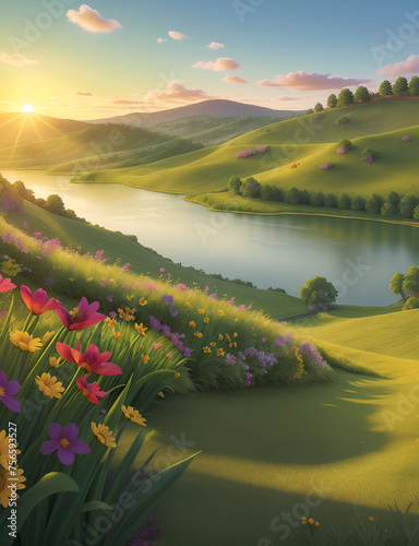 A Cartoon Background for a Spring Adventure, Green Grass, Lake, Trees, Green Forest, Wild Flowers Sunlight, 3D Animation Style Wallpaper, AI Generated