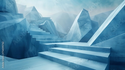 Surreal geometric blue landscape showcasing the tranquility and structure of shapes
