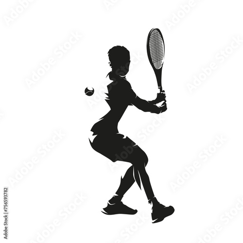 Tennis player, isolated vector silhouette, backhand shot, side view
