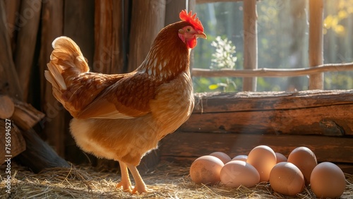 Hen next to eggs in a cozy barn, sun filtering through the window