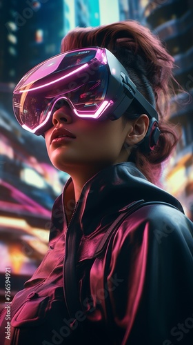 Woman wearing a pink jacket and futuristic digital vr glasses. Neon vr headset. Vertical orientation