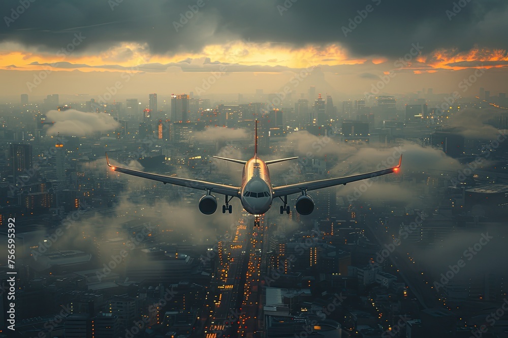 Passenger airplane. Landscape with white airplane is flying in the orange sky with clouds over the city. Passenger aircraft is landing. Commercial plane. Private jet. Travel Passenger airplane. Landscape with white airplane is flying in the orange sky with clouds over the city. Passenger aircraft is landing. Commercial plane. Private jet. Travel