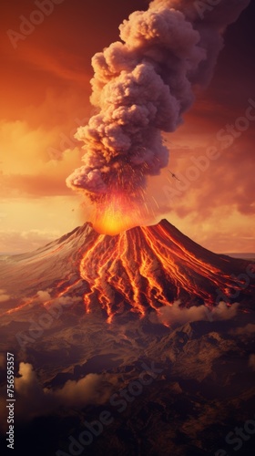 lava running down the mountain. vertical orientation. volcano eruption