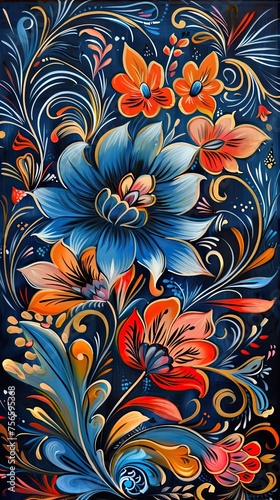 Colorful background for smartphone 9 16  khokhloma with flowers and birds  red  orange  blue 3