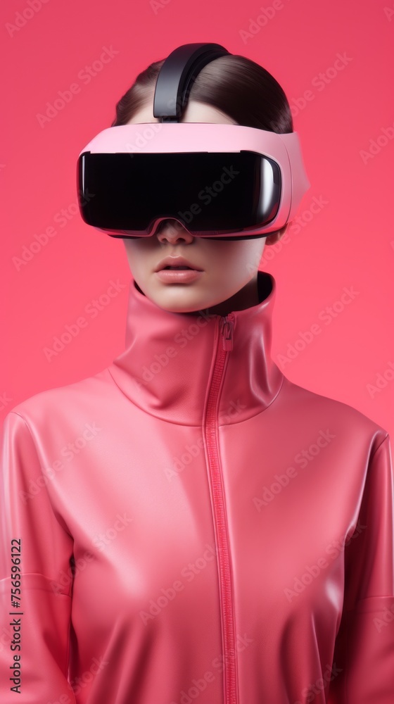 Woman wearing a futuristic vr headset isolated on pink background. Vertical orientation. Goggles Woman wearing a futuristic vr headset isolated on pink background. Vertical orientation. Goggles