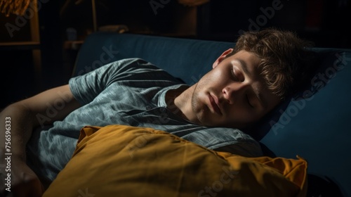 Man sleeps on bed in his bedroom feeling so relax and comfortable. A man resting on his bed