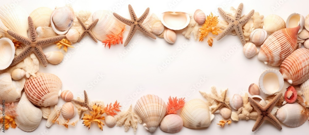 Obraz premium Arrangement of seashells in frame with isolated background.